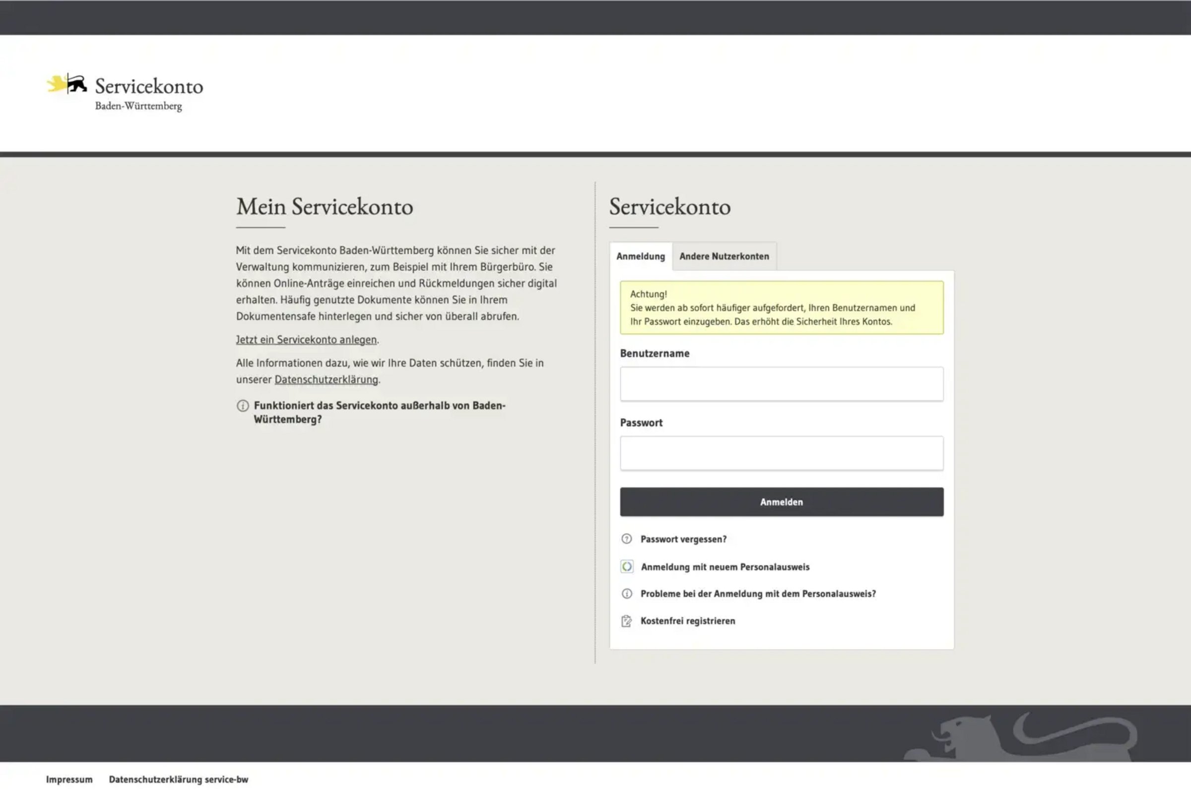 Screenshot der Anmeldemaske Service BW 